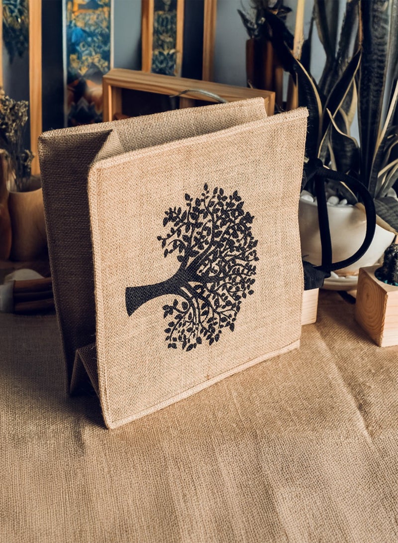 توشيونيكس حقيبة تسوق من الجوت صديقة للبيئة (34×31×12 سم) - حقيبة تسوق وحمل غداء قابلة لإعادة الاستخدام بمقابض متينة، حقيبة هدايا كبيرة من الخيش الطبيعي، حقيبة يد يومية للمكتب والبقالة بنقشة شجرة - Image 2